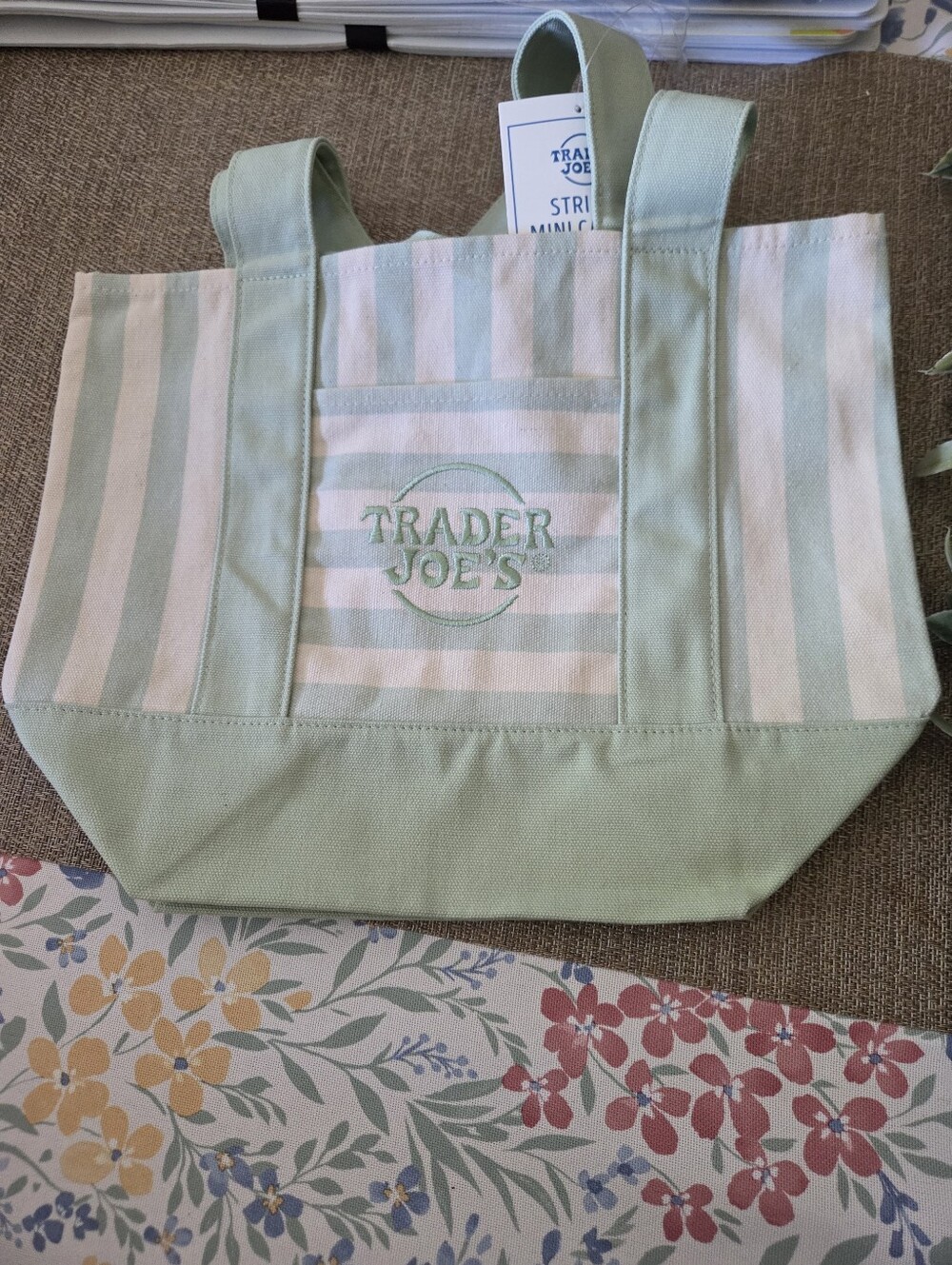 Trader Joe's Striped Mint Canvas Tote Bag with Sturdy Handles